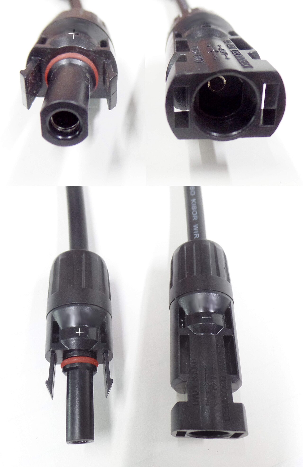 Four close-up views of a pair of MC4 solar connectors. The housing marked with a plus symbol has a red sealing ring and a recessed socket contact. The housing marked with a minus symbol contains a protruding metal pin. Both housings have moulded locking tabs and a ribbed cable gland.