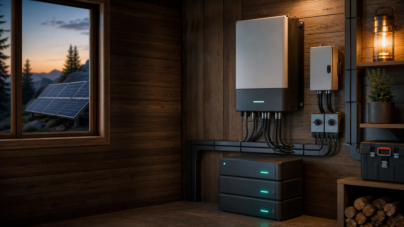 A cabin solar backup power wall with batteries and inverter equipment.