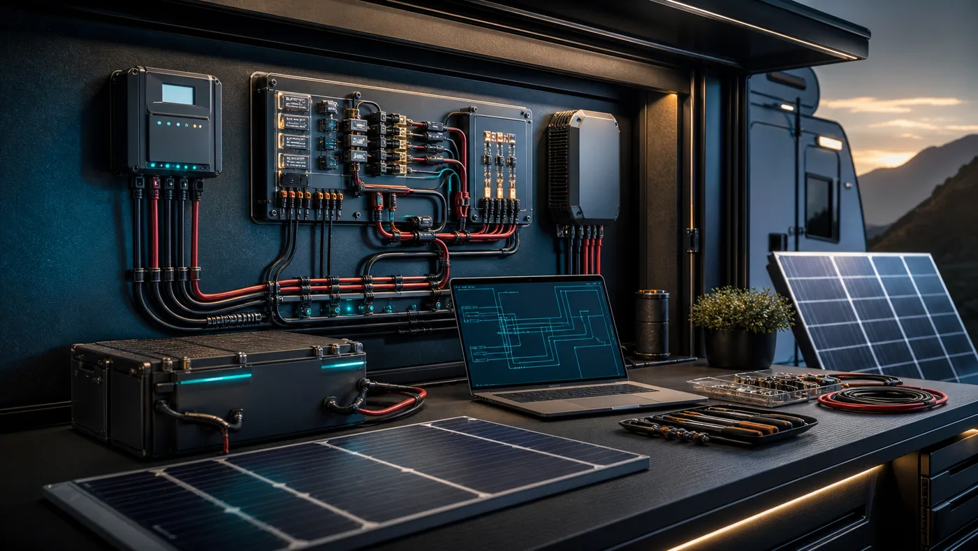 A clean RV solar wiring workbench with charge controller, fuses, and cable routes.
